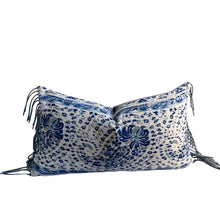 Load image into Gallery viewer, Paisley with deep blues and gray, 14x26 inch super soft lumbar pillow with fringe, ready to ship