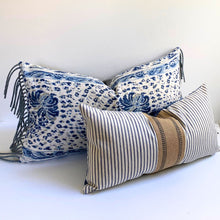 Load image into Gallery viewer, Paisley with deep blues and gray, 14x26 inch super soft lumbar pillow with fringe, ready to ship
