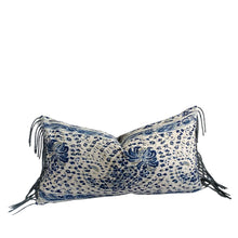 Load image into Gallery viewer, Paisley with deep blues and gray, 14x26 inch super soft lumbar pillow with fringe, ready to ship
