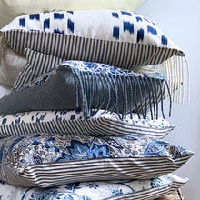 Load image into Gallery viewer, Paisley with deep blues and gray, 14x26 inch super soft lumbar pillow with fringe, ready to ship