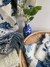 Load image into Gallery viewer, Paisley with deep blues and gray, 14x26 inch super soft lumbar pillow with fringe, ready to ship