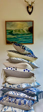 Load image into Gallery viewer, Paisley with deep blues and gray, 14x26 inch super soft lumbar pillow with fringe, ready to ship