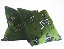 Load image into Gallery viewer, Green Velvet Fabric with Zebras, Modern Animal Velvet Fabric,  Animal Velvet Pillow Covers, 11x17 inch lumbar, ready to ship