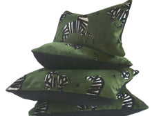 Load image into Gallery viewer, Green Velvet Fabric with Zebras, Modern Animal Velvet Fabric,  Animal Velvet Pillow Covers, custom sizes, made to order