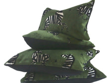 Load image into Gallery viewer, Green Velvet Fabric with Zebras, Modern Animal Velvet Fabric,  Animal Velvet Pillow Cover, custom sizes, made to order