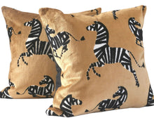 Load image into Gallery viewer, Yellow and Black Velvet Fabric with Zebras, Modern Animal Velvet Fabric,  Animal Velvet Pillow Covers, 11x17 inch lumbar, ready to ship