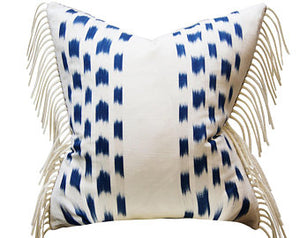Izmir Ikat Pillow Cover with fringe, Schumacher, Blue and White