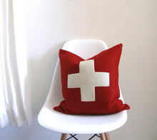 Load image into Gallery viewer, Wool Pillow Cover, red and white, first aid, Swiss, cross, cross pillow,  Studio Tullia, custom sizes