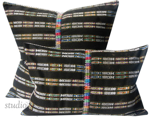 Vintage Guatemalan Pillow Cover, Lumbar, 13X25, 25x25 euro sham, Antique textile, black and white, ikat,  ready to ship