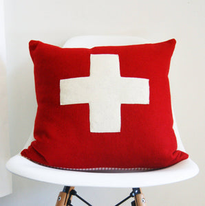 Wool Pillow Cover, red and white, first aid, Swiss, cross, cross pillow,  Studio Tullia, custom sizes