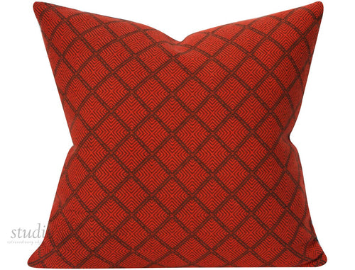 Vintage Wool Orange and Brown Geometric Pattern with Charcoal Brown Linen on Reverse - Decorative Pillow - 20X20 - Astoria Collection