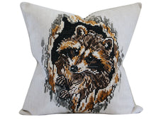Load image into Gallery viewer, Racoon, cross stitch pillow cover, vintage textile, hand made, hand stitched, upcycled, one of a kind, 17x17 inches.  ready to ship,