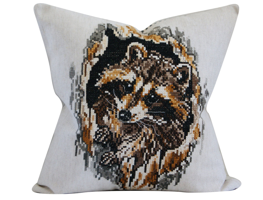 Racoon, cross stitch pillow cover, vintage textile, hand made, hand stitched, upcycled, one of a kind, 17x17 inches.  ready to ship,