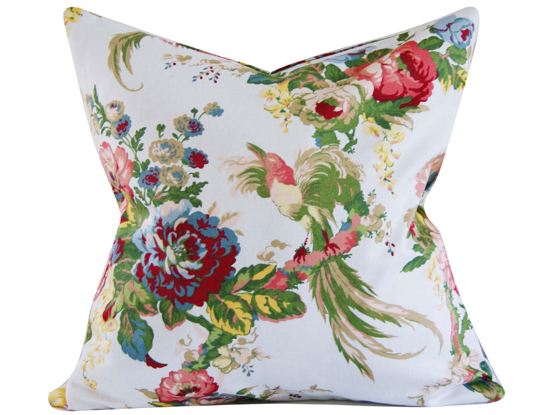 Thibaut Floral Pillow Cover, birds, greens, golds, reds, white, ready to ship, studio tullia