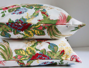 Thibaut Floral Pillow Cover, birds, greens, golds, reds, white, ready to ship, studio tullia