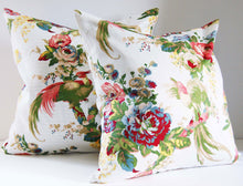 Load image into Gallery viewer, Thibaut Floral Pillow Cover, birds, greens, golds, reds, white, ready to ship, studio tullia