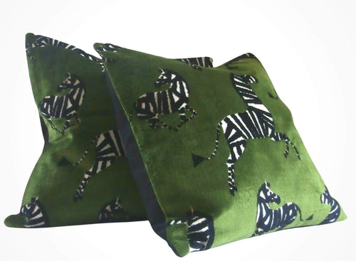 Green Velvet Fabric with Zebras, Modern Animal Velvet Fabric,  Animal Velvet Pillow Covers, custom sizes, made to order