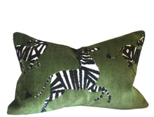Load image into Gallery viewer, Green Velvet Fabric with Zebras, Modern Animal Velvet Fabric,  Animal Velvet Pillow Covers, 11x17 inch lumbar, ready to ship