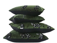 Load image into Gallery viewer, Green Velvet Fabric with Zebras, Modern Animal Velvet Fabric,  Animal Velvet Pillow Covers, custom sizes, made to order