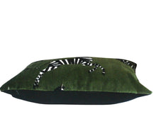 Load image into Gallery viewer, Green Velvet Fabric with Zebras, Modern Animal Velvet Fabric,  Animal Velvet Pillow Covers, custom sizes, made to order