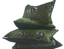 Load image into Gallery viewer, Green Velvet Fabric with Zebras, Modern Animal Velvet Fabric,  Animal Velvet Pillow Covers, 11x17 inch lumbar, ready to ship