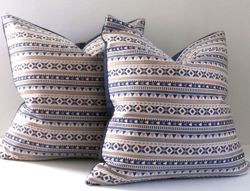 Striped Woven Pillow Cover, navy blue and bronze, metallic, Decorative Pillow, 19x19 inches, ready to ship