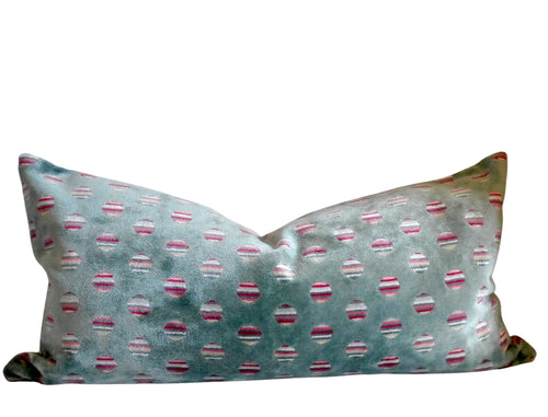 Manuel Canovas Aqua Green Velvet Pillow Cover, Lumbar, with circle motif, 12x24 inch lumbar, ready to ship